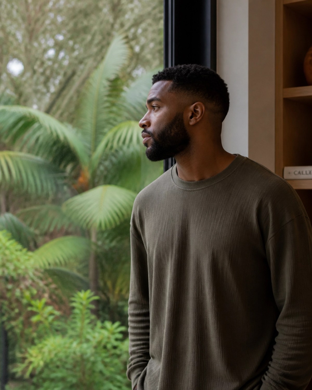 A Black man practicing mindfulness by a window, looking peaceful and grounded.