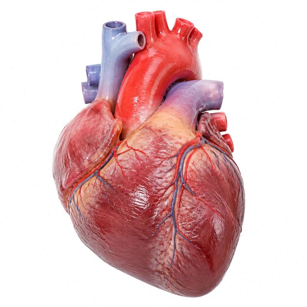 Anatomical model of a healthy human heart on white background