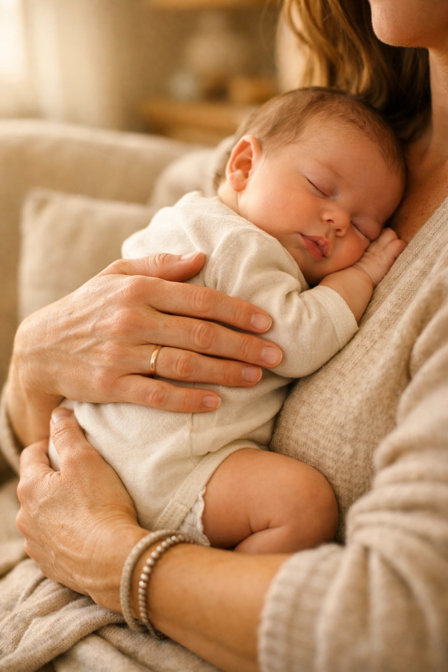 A mother cradling her newborn baby, highlighting the physical strain that leads to post-pregnancy joint pain.