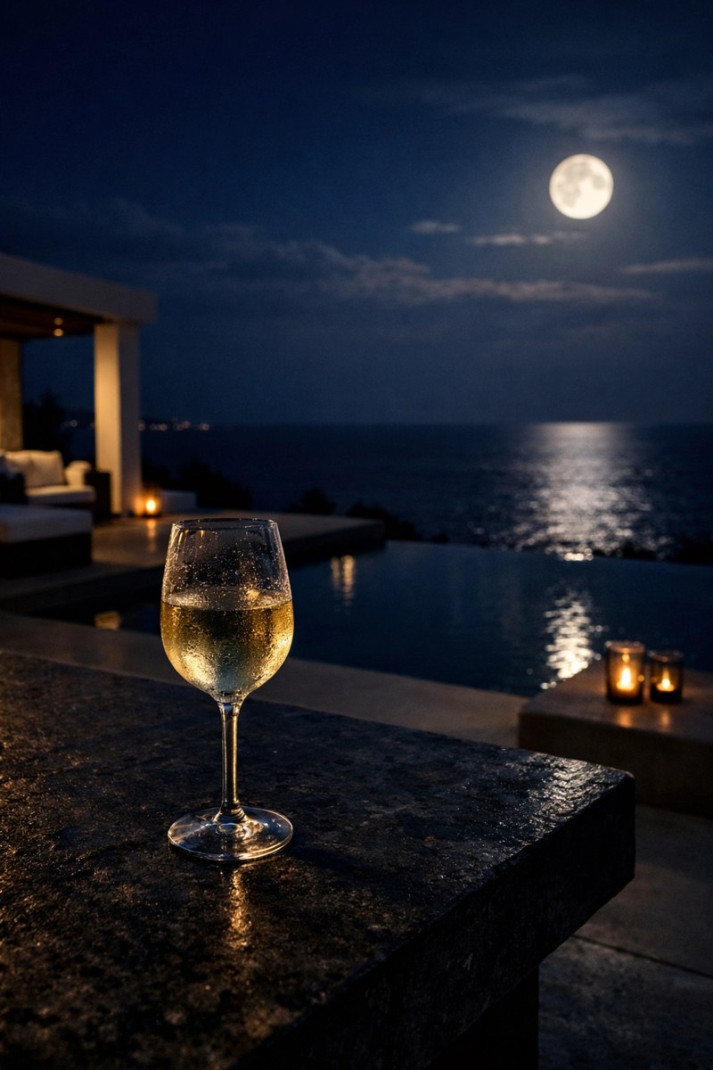 Minimalist luxury villa terrace overlooking the Mediterranean at twilight, representing curated travel journeys.