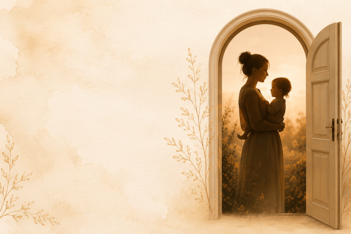 A soft watercolor-style illustration of a woman holding her child in an arched doorway opening to a sunlit field
