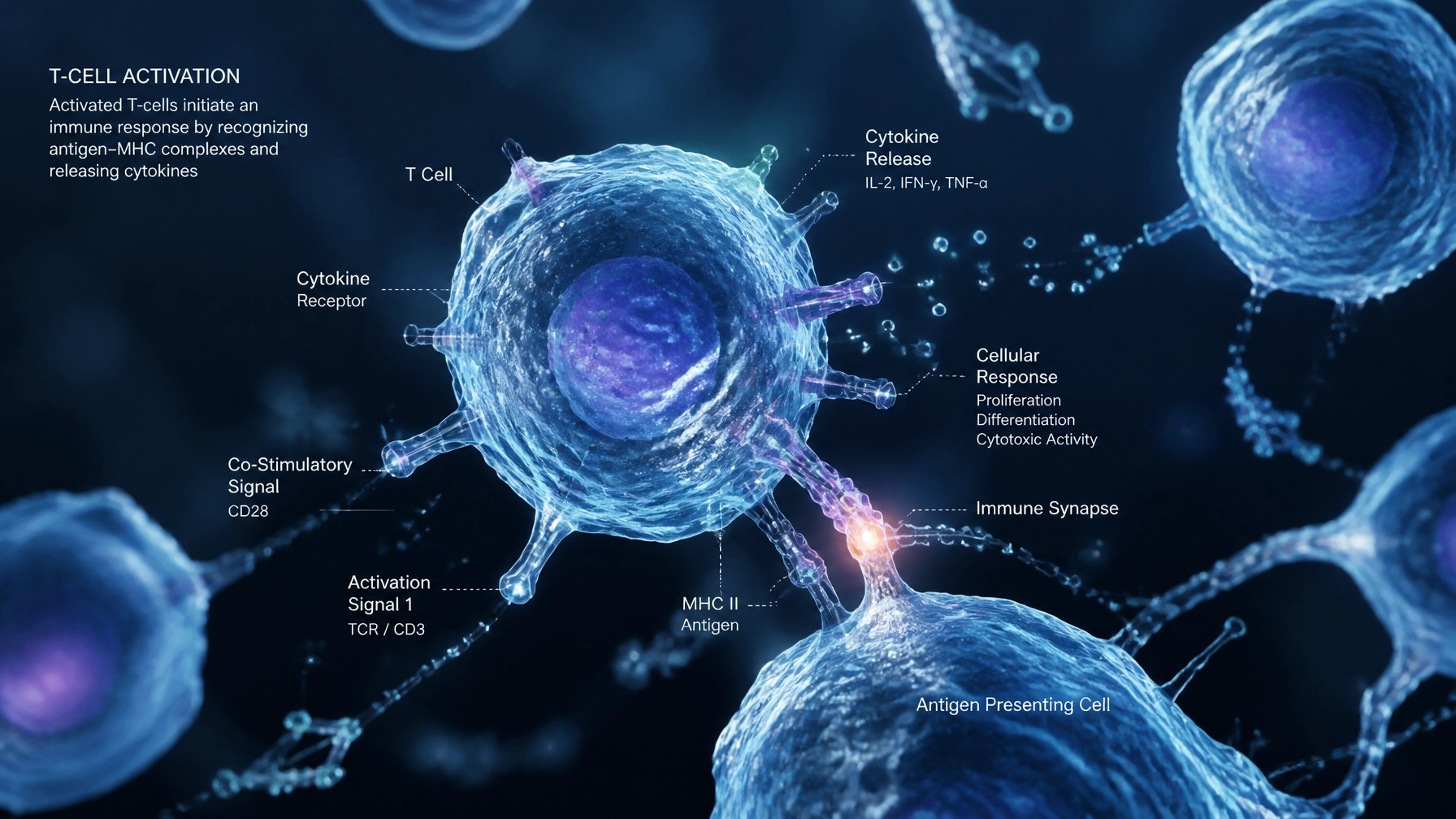 Abstract scientific visualization of glowing blue nodes representing T-cell activation and immune response.