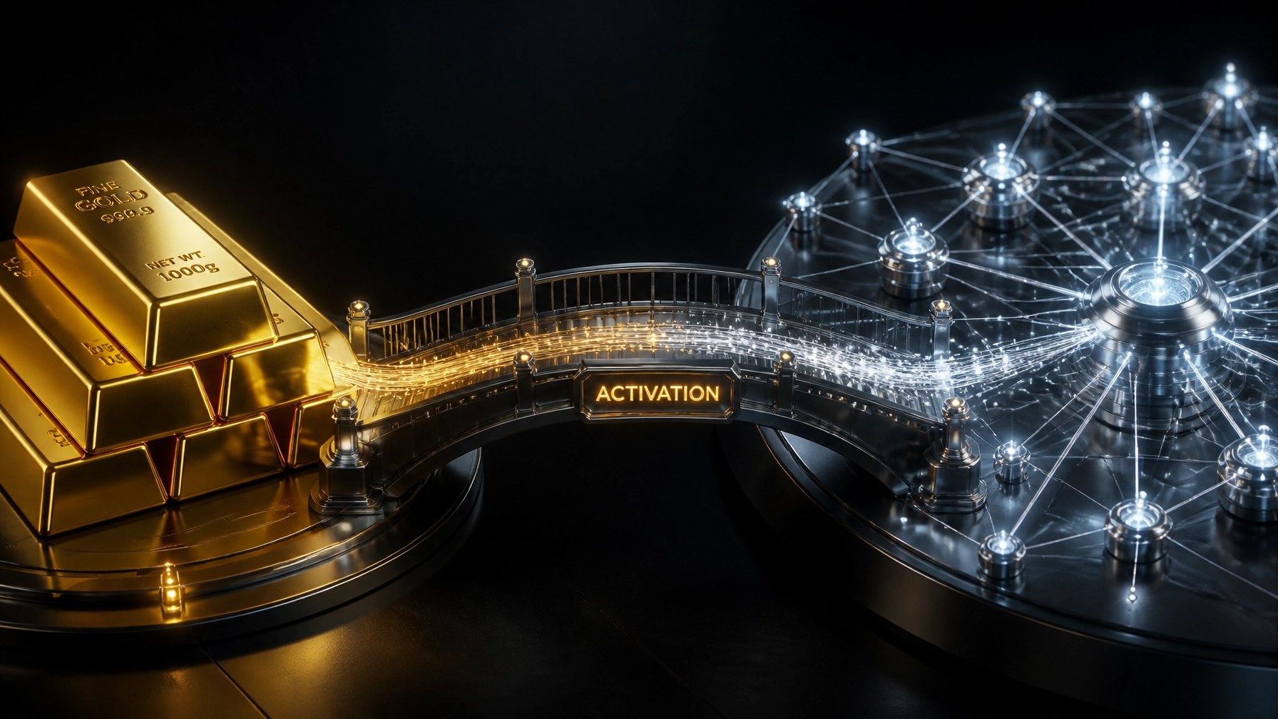 A digital bridge connecting physical gold bars to a network of glowing silver nodes, representing the activation of assets.