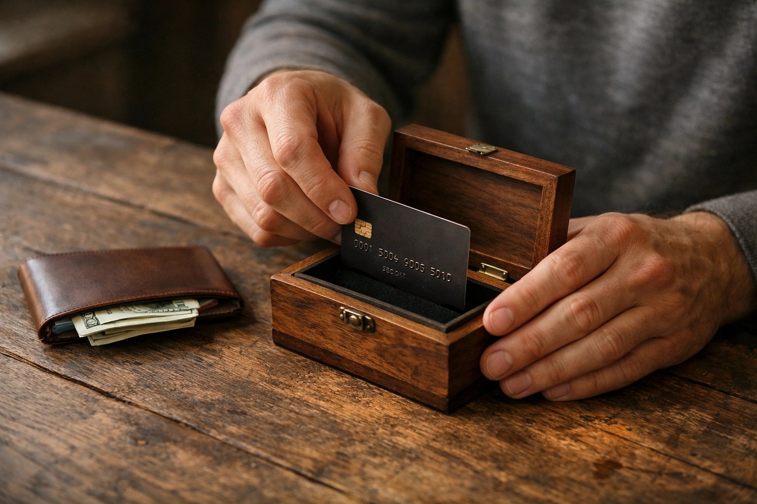 Person putting away a credit card to switch to a cash-only system for better debt payoff and cash flow.
