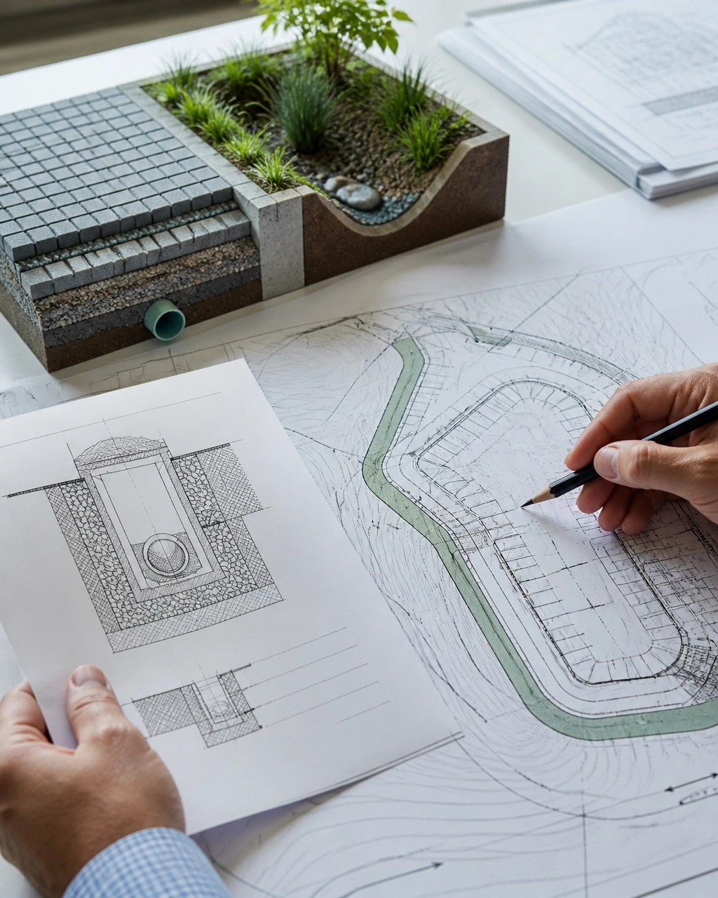Civil engineer reviewing stormwater grading and drainage plans for a New Jersey development site
