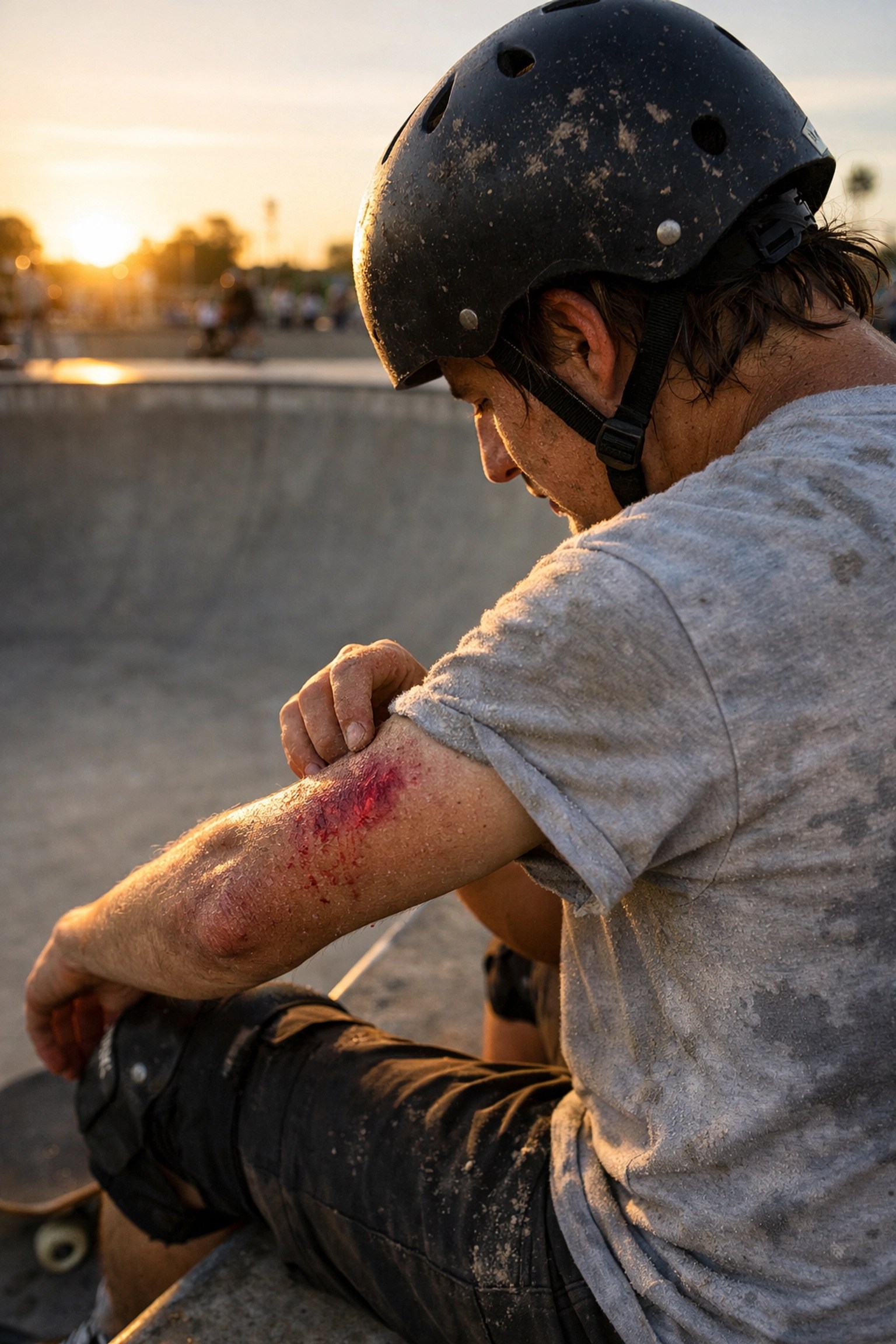 Skateboarder examining a road rash injury during a sunset session at a concrete skatepark.