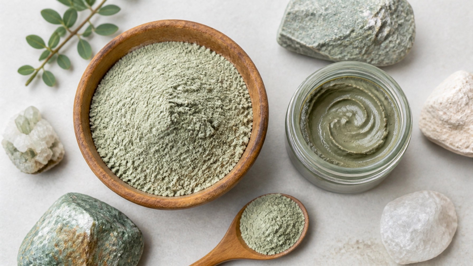 Laboratory-style presentation of dry green clay and prepared paste with minerals