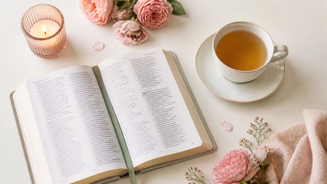 A serene, magazine-style flat lay of an open Bible, a Misty Sage ribbon bookmark, and a cup of tea. The background is a clean Marshmallow Cream texture. Soft Deep Plum-Grey text is visible on the Bible pages.