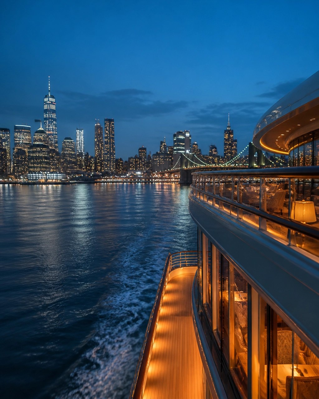 Luxury cruise ship leaving New York Harbor at blue hour with glowing waterfront skyline