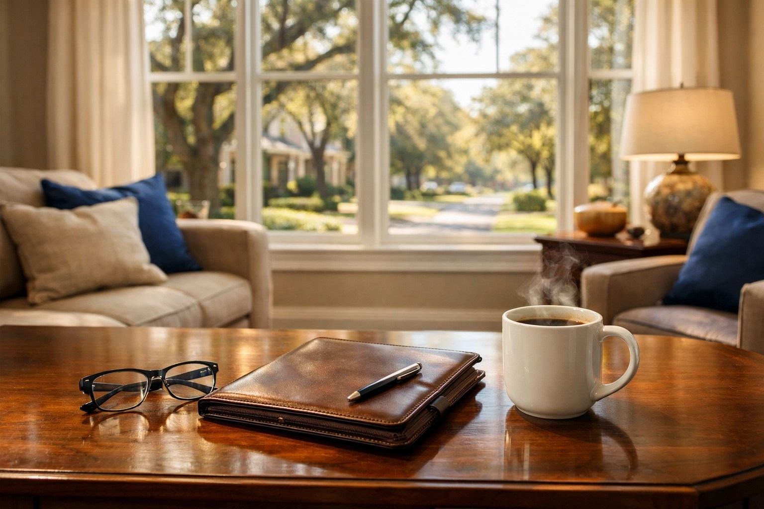 Organized home insurance documents in a sun-drenched Georgia living room, signifying peace of mind.