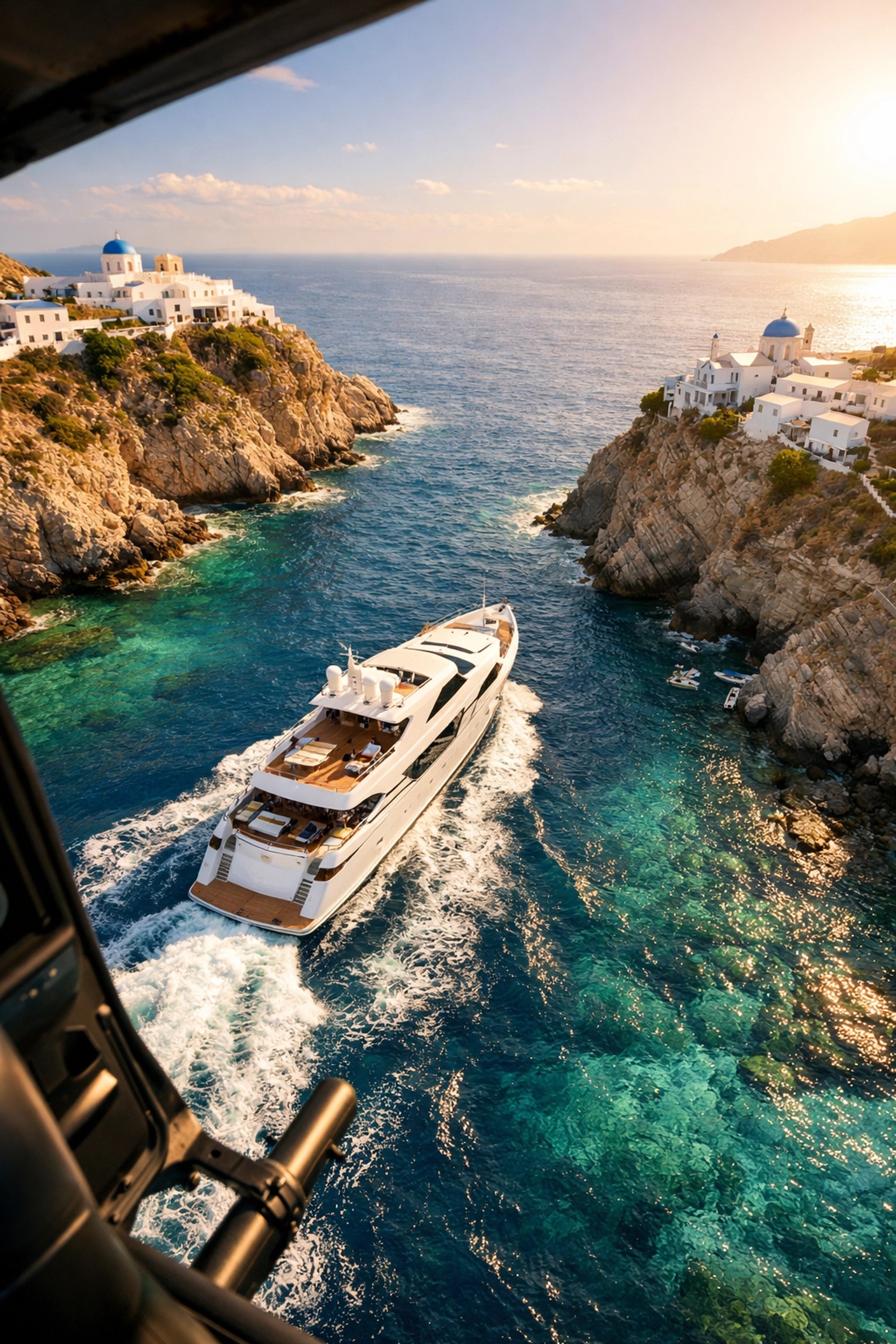 Luxury yacht navigating between Greek islands in crystal-clear Mediterranean waters