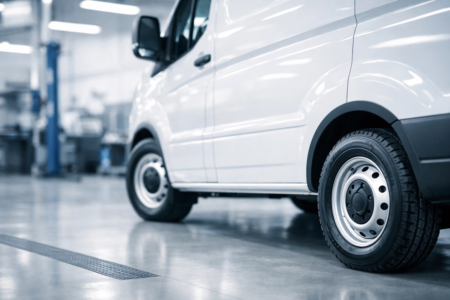 A clean, well-maintained NEMT vehicle in a maintenance bay ready for safe medical transportation.