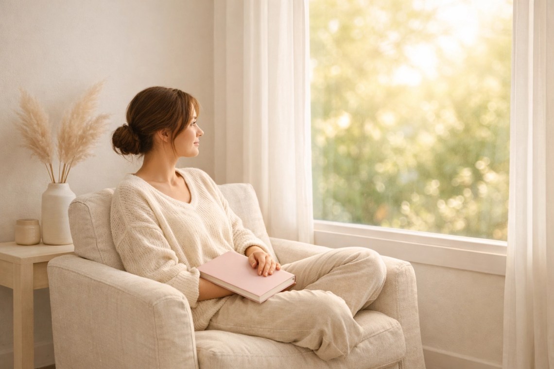 A peaceful mother finding soul rest and quiet reflection with her prayer journal in a sunlit room.