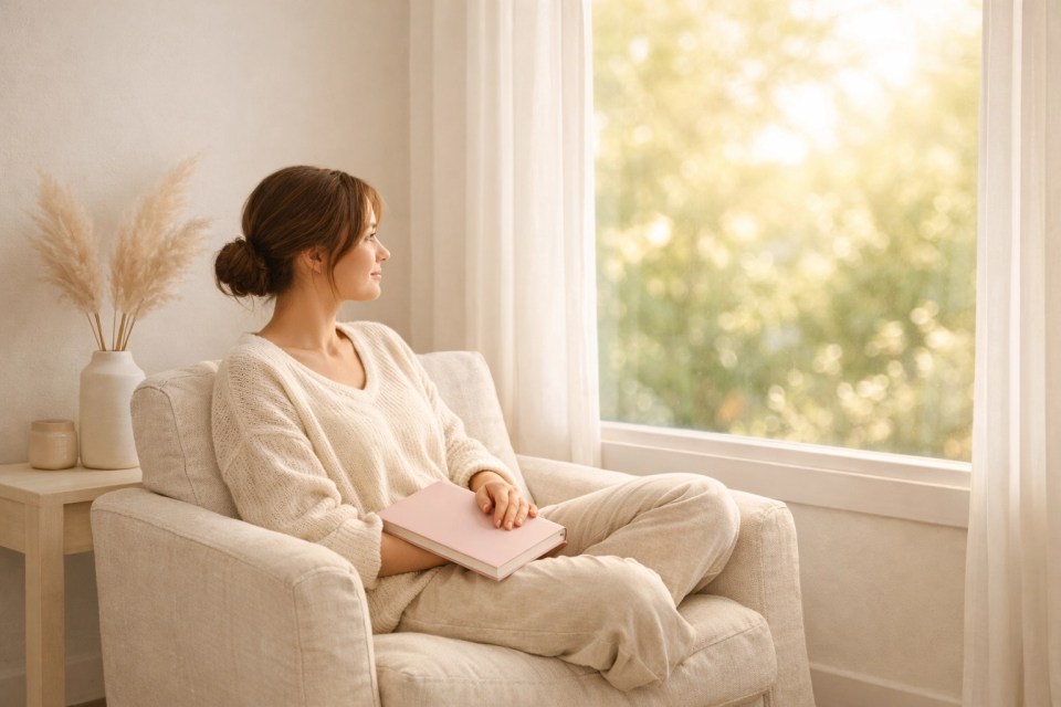 A peaceful mother finding soul rest and quiet reflection with her prayer journal in a sunlit room.