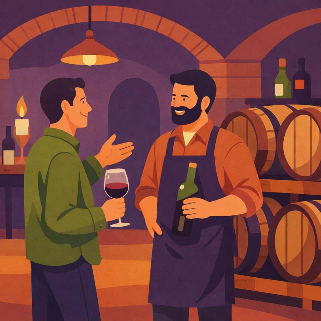 Winemaker and guest enjoying a private conversation in a rustic Virginia wine cellar.