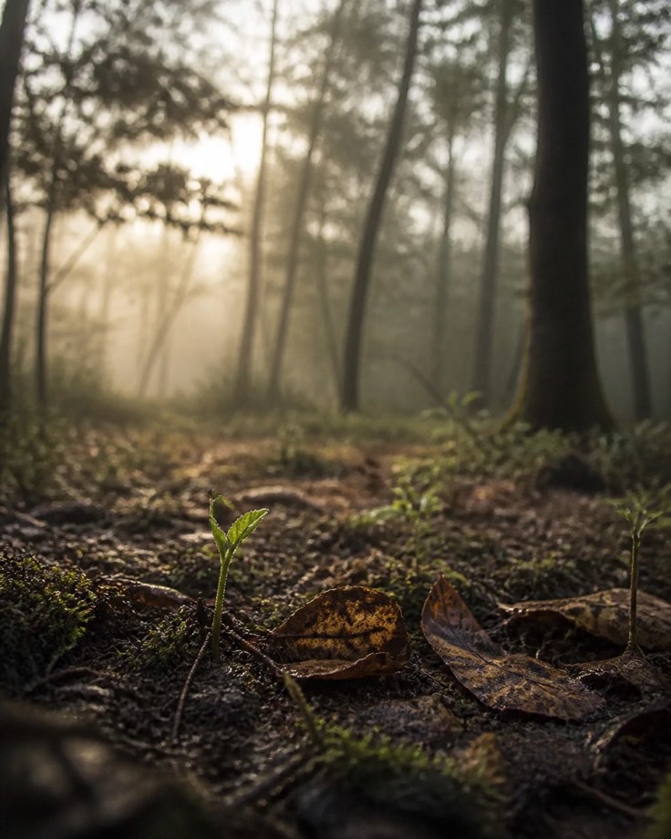 A soft, naturalistic photograph of a forest floor with tiny green sprouts pushing through dark earth, symbolizing resilience.