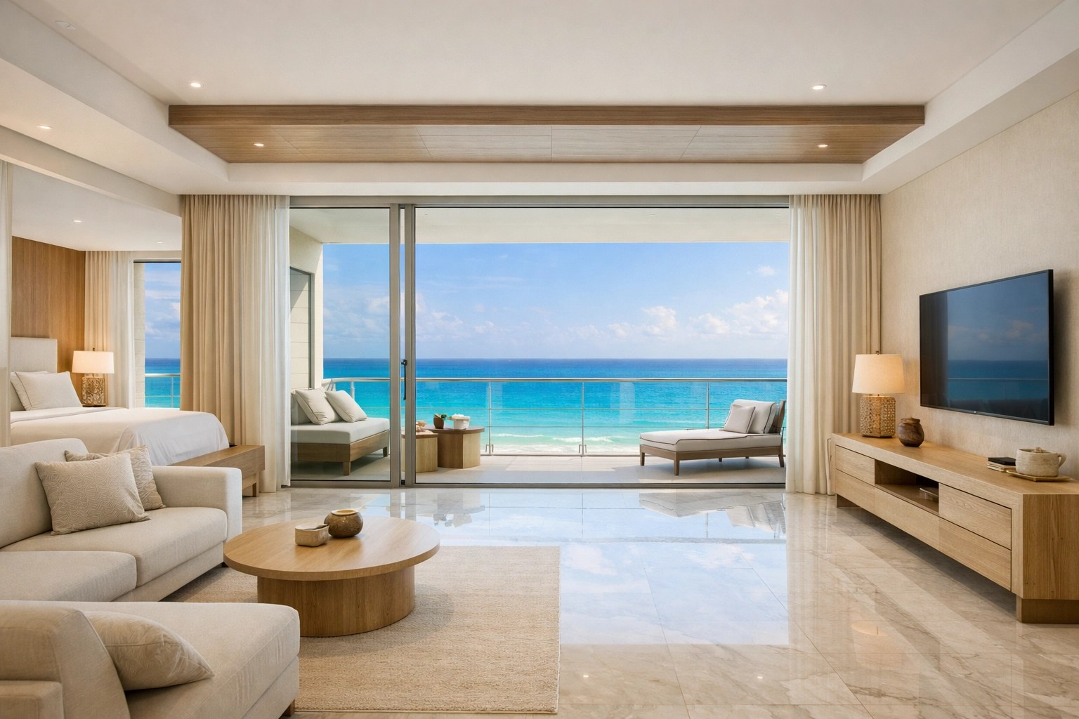 Modern luxury hotel suite at Riu Palace Peninsula in Cancun with sea views for Mexico all-inclusive vacations.