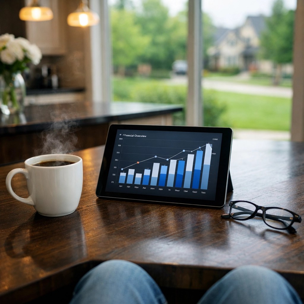 Alpharetta homeowner reviewing financial data to lower North Georgia home insurance premiums.