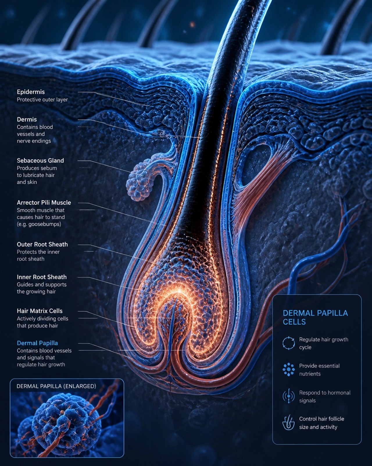 A high-clarity 3D scientific visualization of a hair follicle under a microscope, glowing with blue and copper energy highlights. Detailed cross-section of the scalp showing dermal papilla cells.