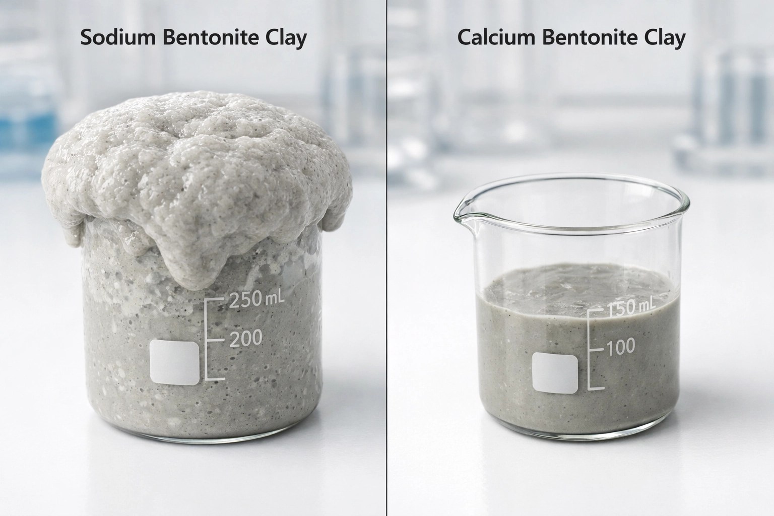 Sodium bentonite swelling comparison with calcium bentonite in water showing safety difference
