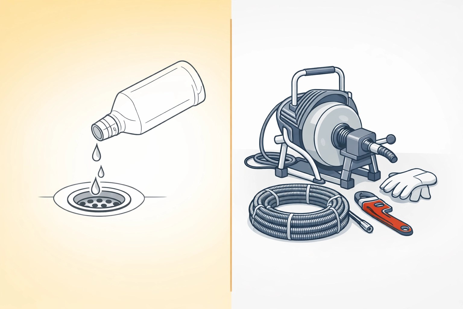 DIY drain cleaner bottle compared to professional drain snake equipment for clog removal