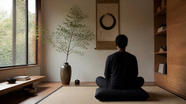 A wide-angle minimalist sanctuary with a person of color in meditation.