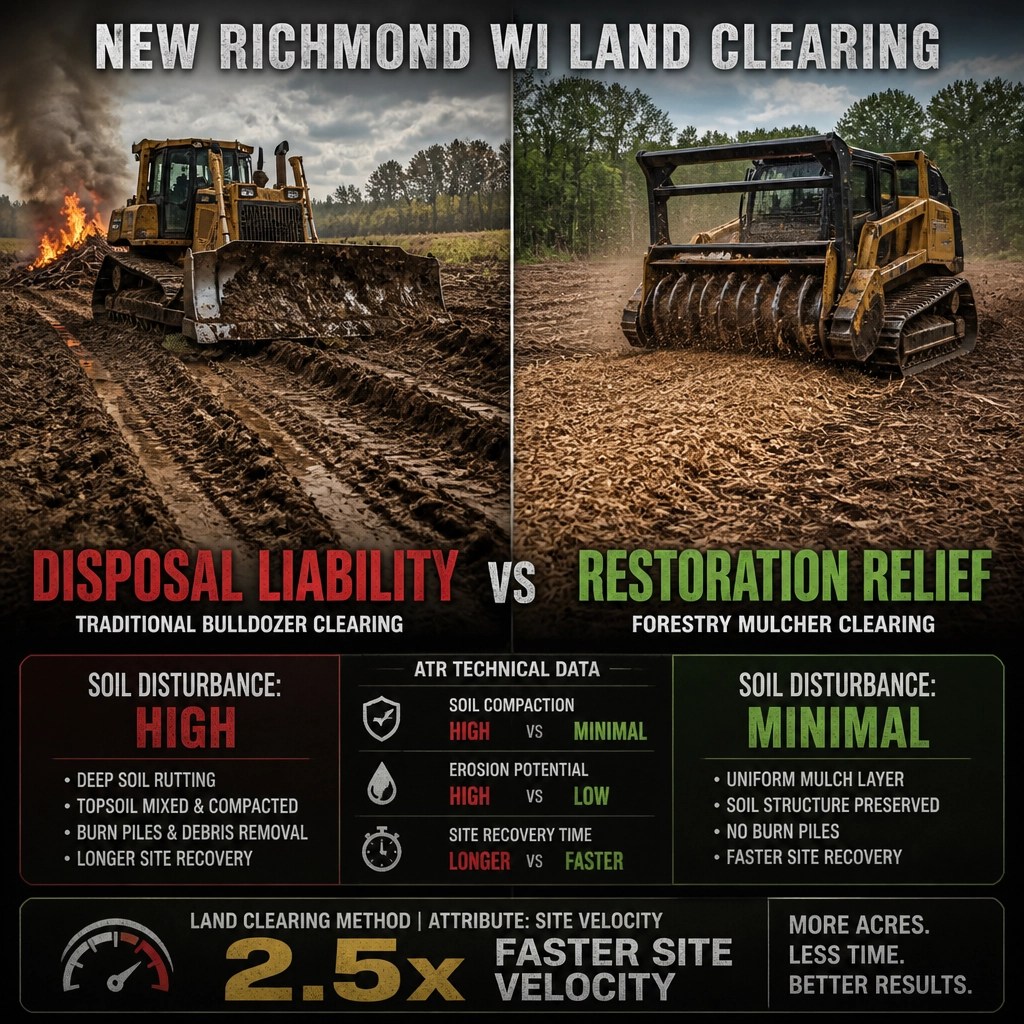 Split-screen comparison: Traditional bulldozer vs. forestry mulching with minimal surface disturbance