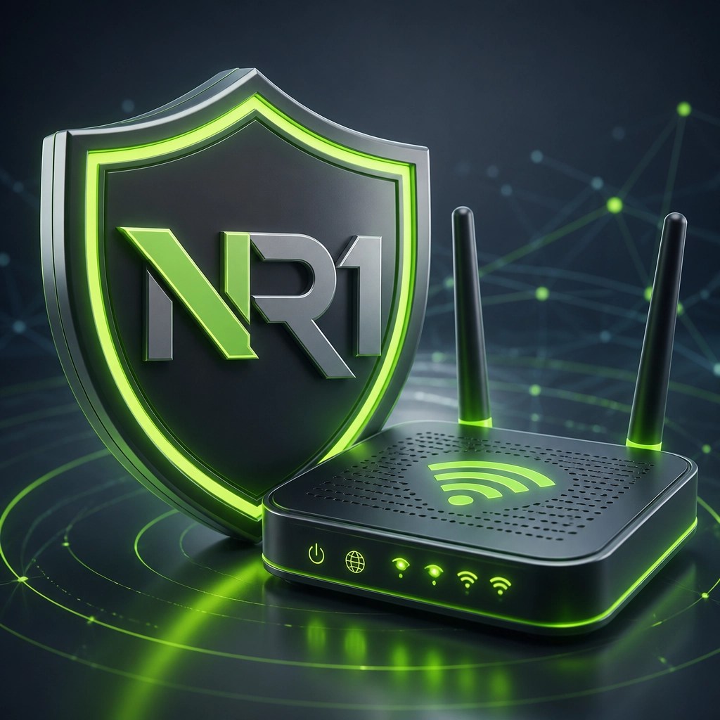 A 3D digital illustration of a digital shield and a network router icon glowing with neon green accents, representing cybersecurity and network optimization.