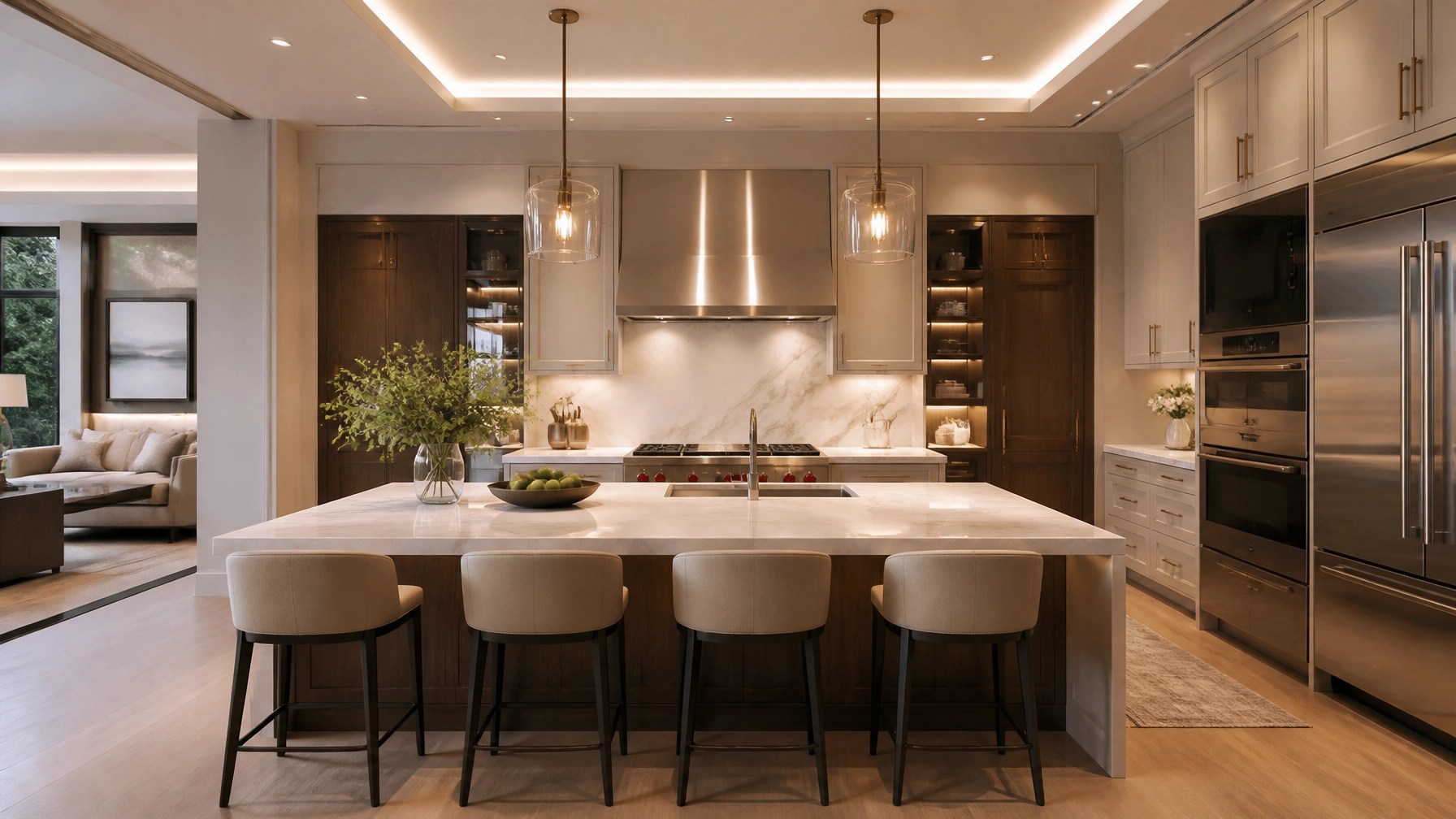 An exquisite modern luxury kitchen with marble countertops and warm recessed lighting