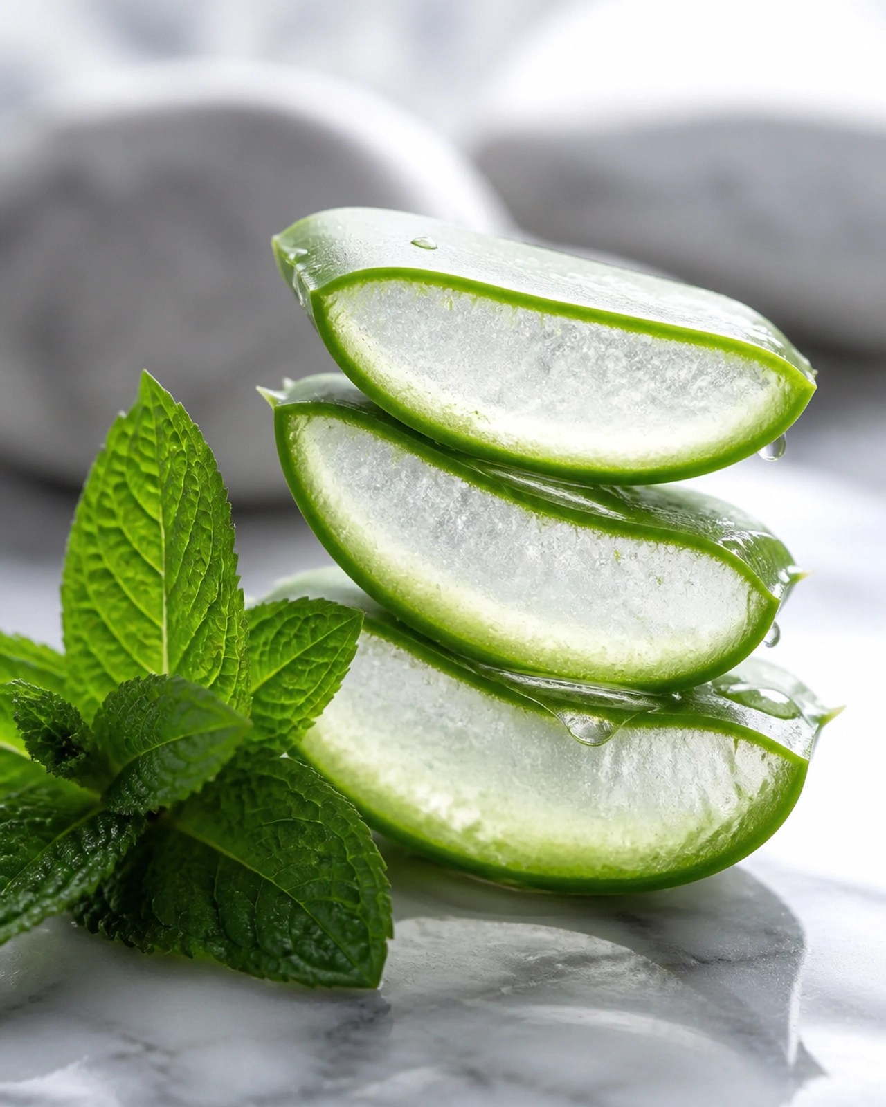 Fotografía de alta resolución de Sábila (Aloe Vera) y Menta fresca, destacando sus propiedades refrescantes