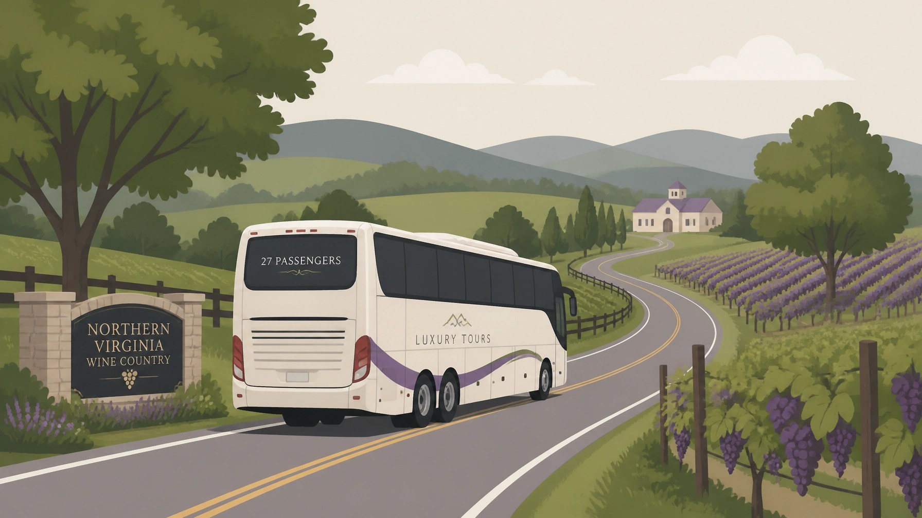 A minimalist flat illustration of our luxury bus traveling along a winding country road, symbolizing a seamless and relaxing journey.