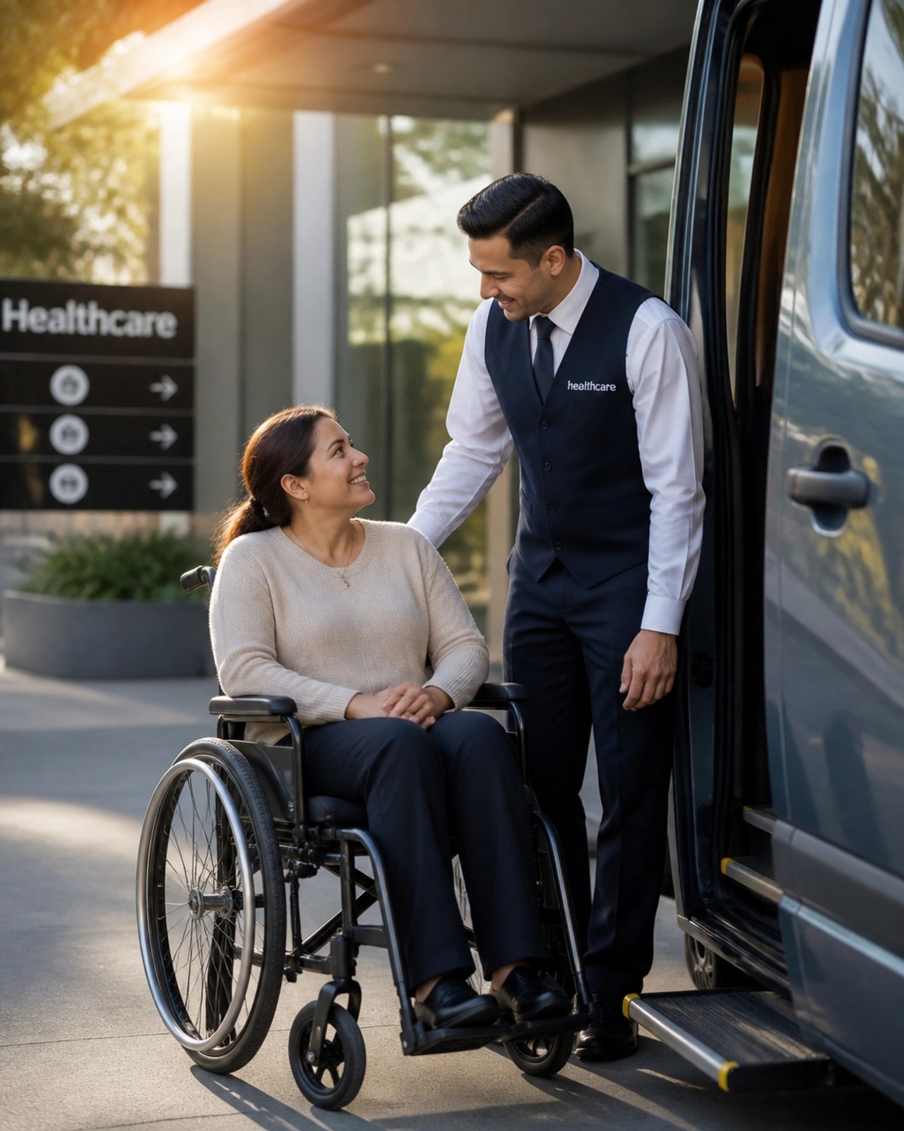 A professional driver assisting a patient in a wheelchair into a medical facility.