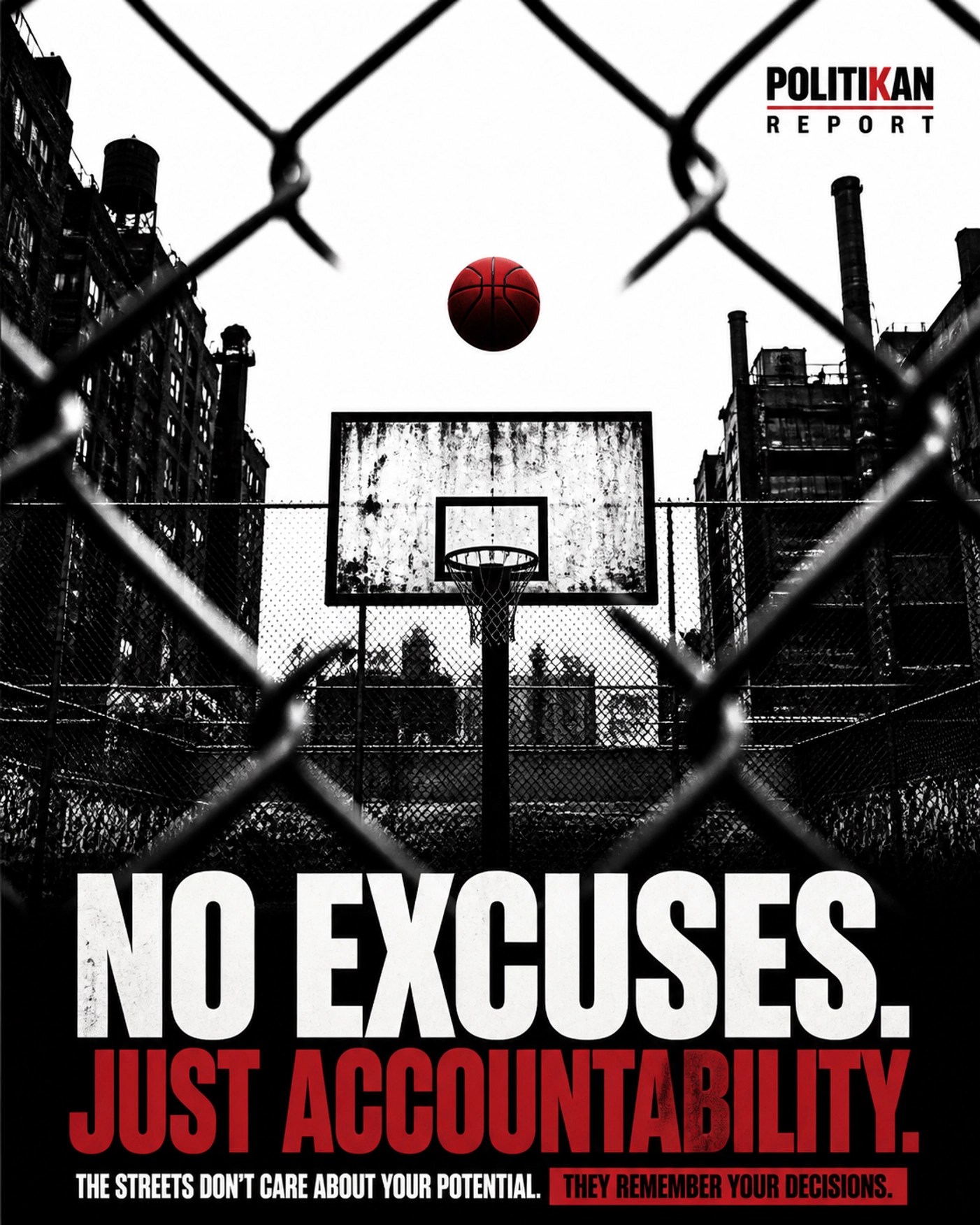 Red basketball in flight toward an urban park hoop, reflecting community accountability and city sports culture.