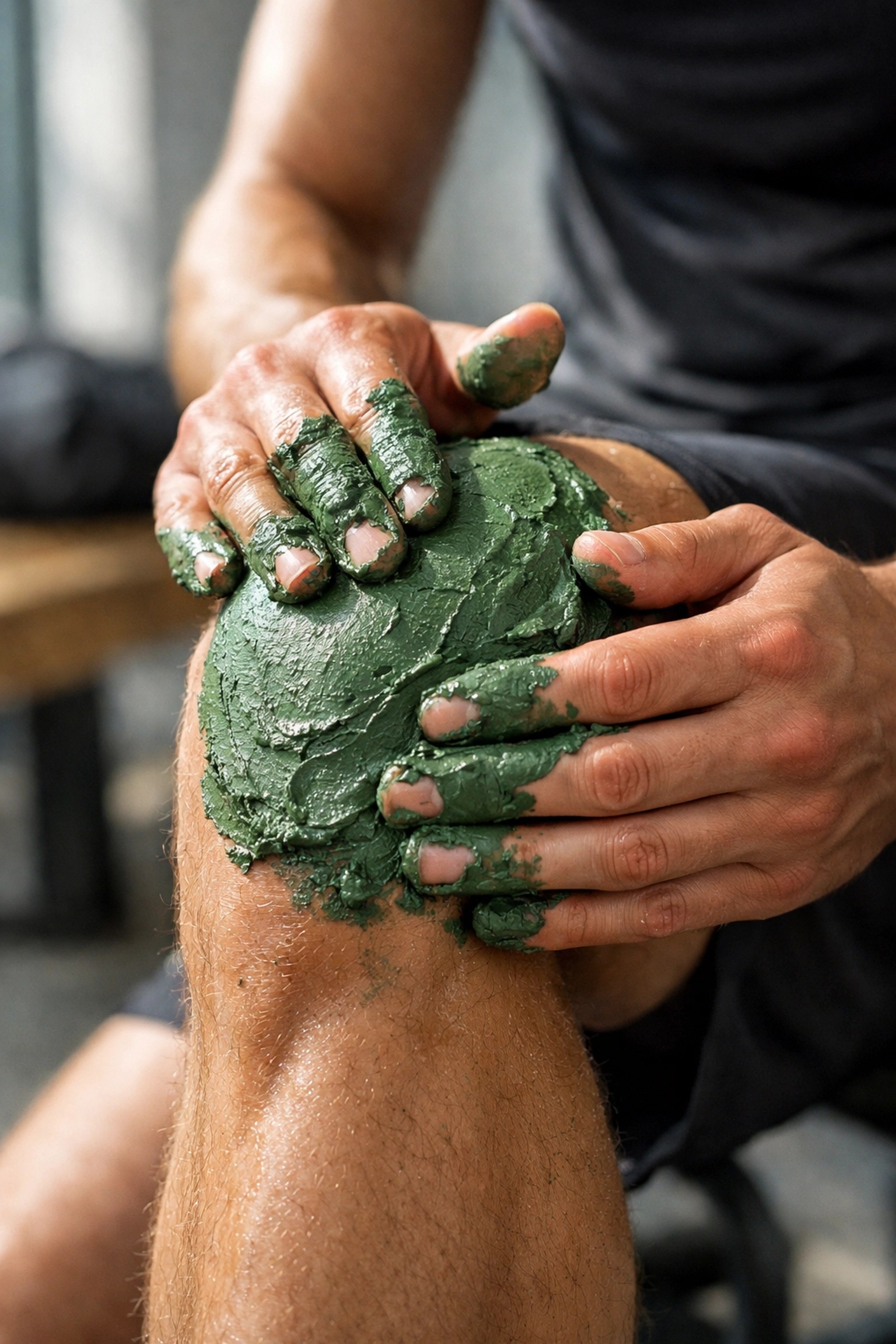 Athlete applying natural green clay to their knee for post-workout cooling and recovery.