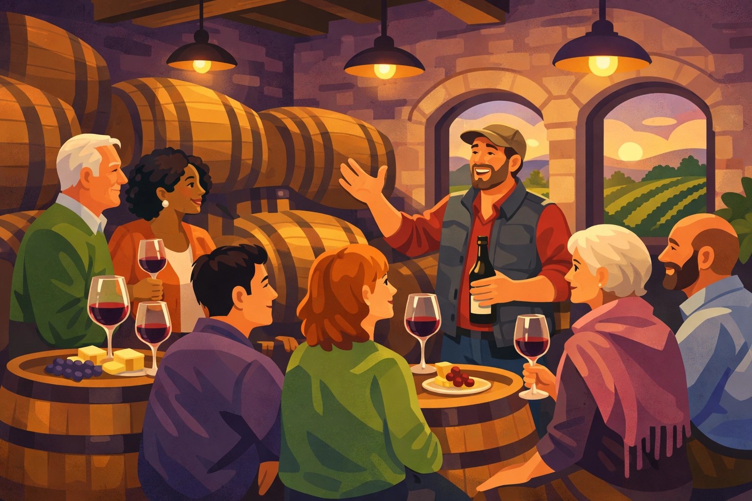 Winemaker leading exclusive barrel tasting for private wine tour group in Virginia