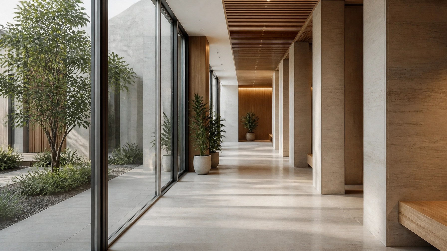 Clean architectural corridor with warm neutral materials and soft natural light representing calm digital infrastructure.