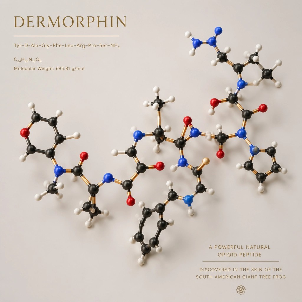 Minimalist 3D molecular model of a complex peptide chain representing Dermorphin