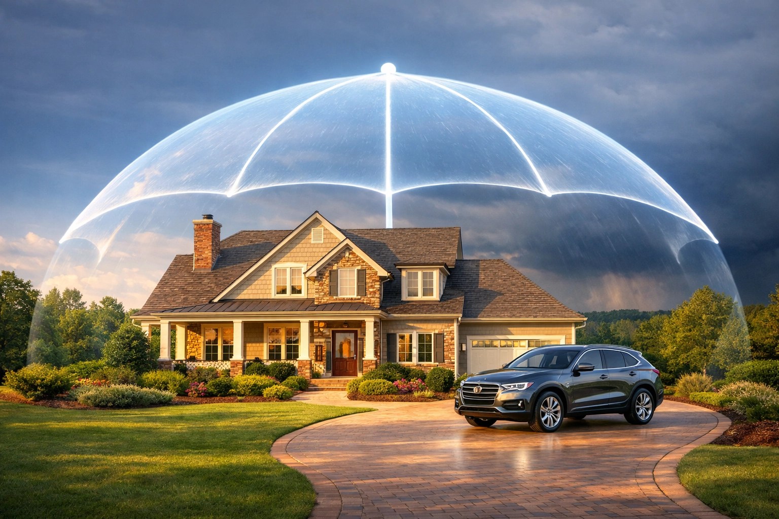 Upscale Georgia home and SUV protected by a symbolic umbrella insurance canopy.