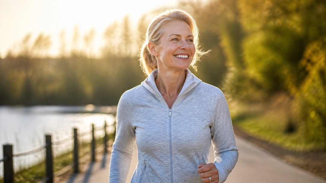 A woman enjoying an active morning walk, embracing midlife wellness and vitality