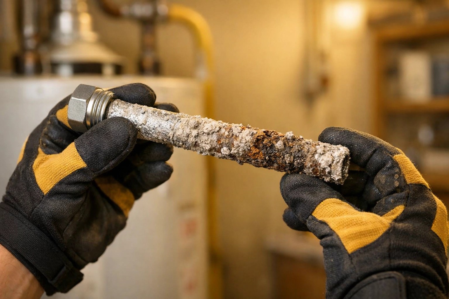 Technician inspecting corroded water heater anode rod during maintenance service