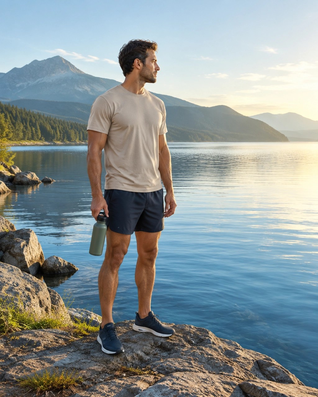 Athletic man standing beside a lake after a morning workout in premium performance swimwear