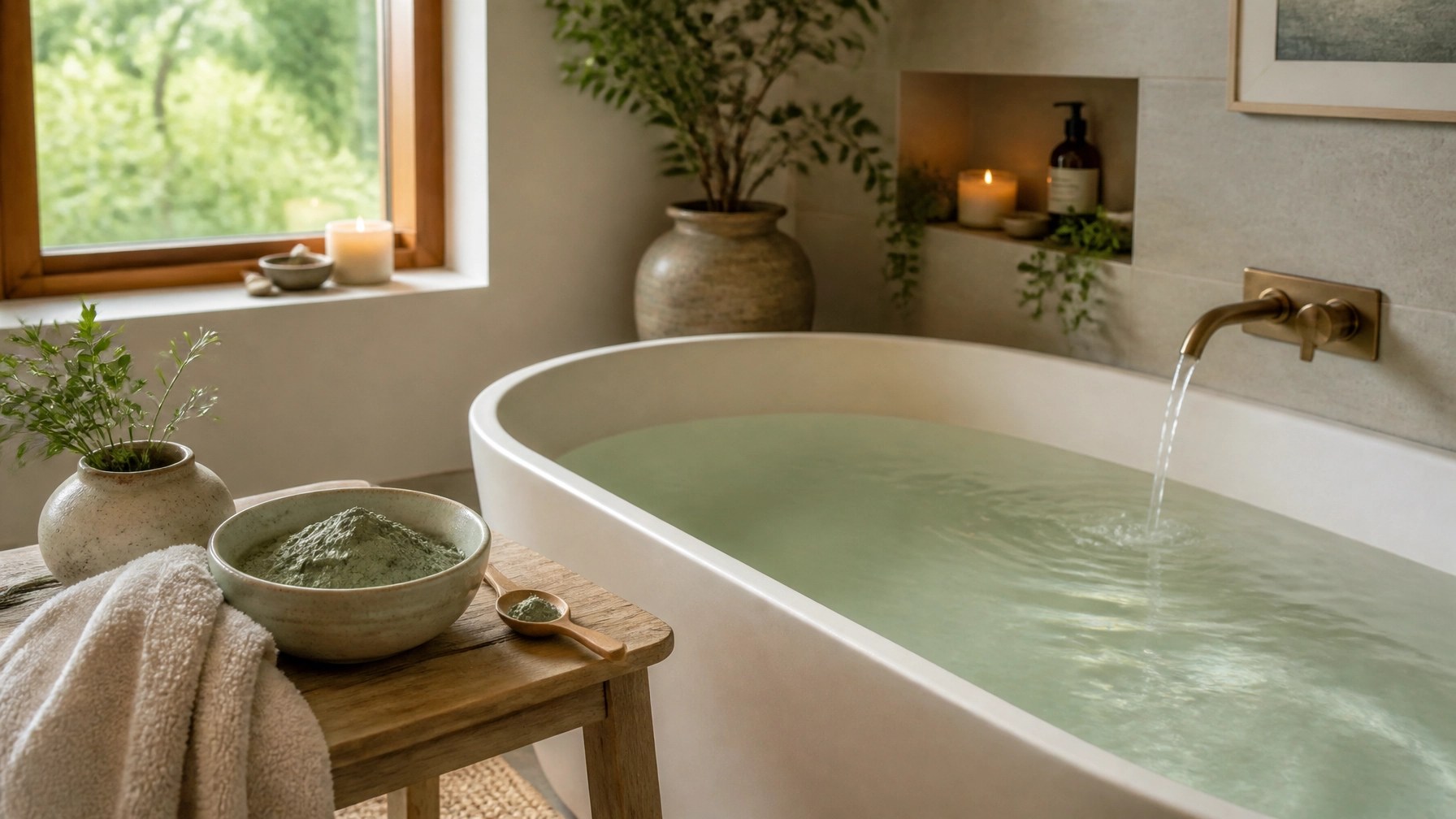 Serene bathroom with a green mineral bath