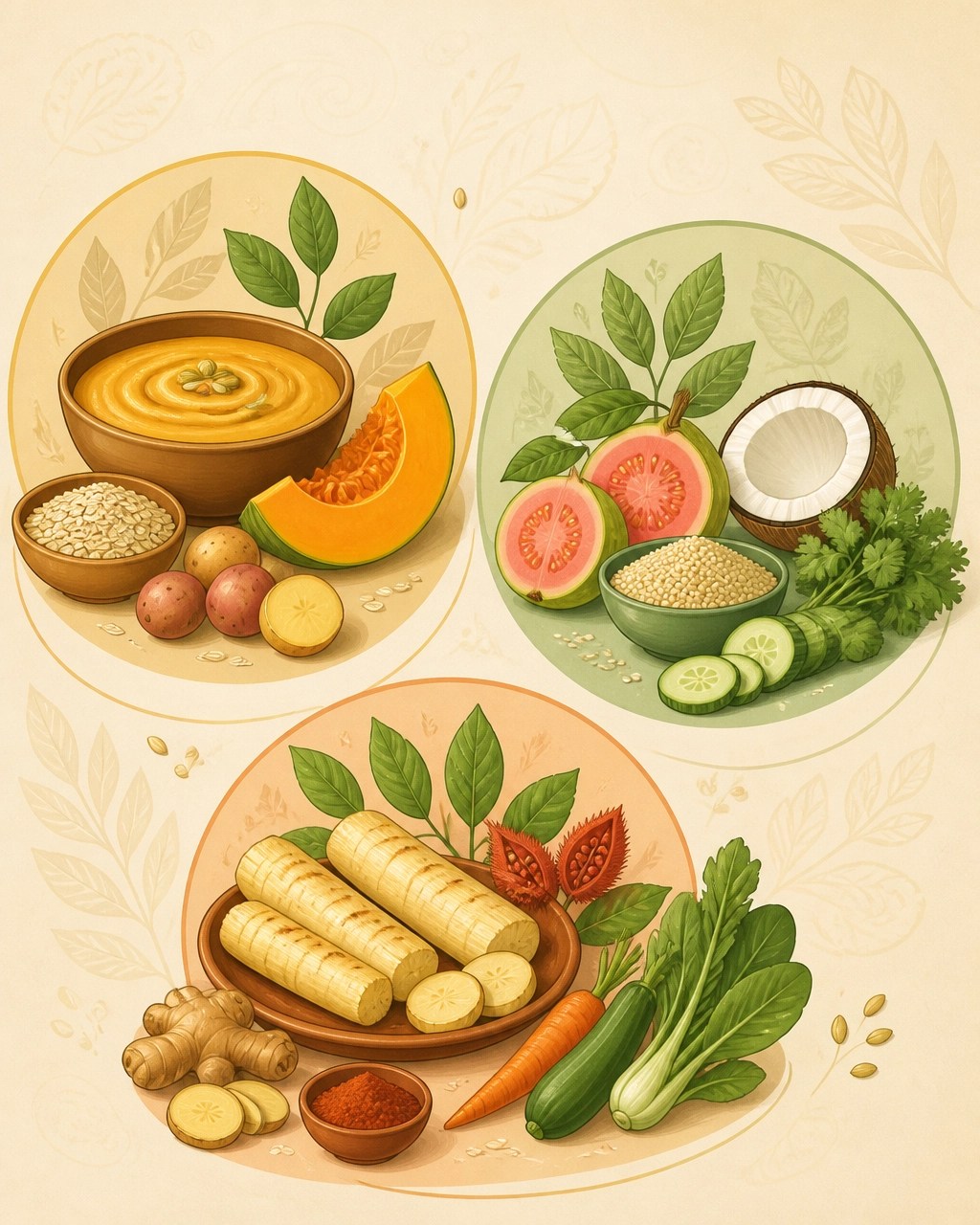 Ilustración de alimentos colombianos organizados según cualidades ayurvédicas de calidez, frescura y ligereza
