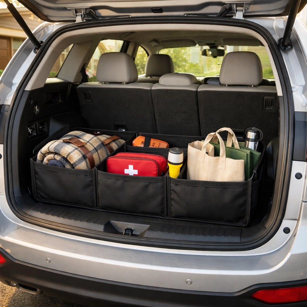 Folding car trunk organizer neatly holding emergency kits and bags inside a modern SUV.