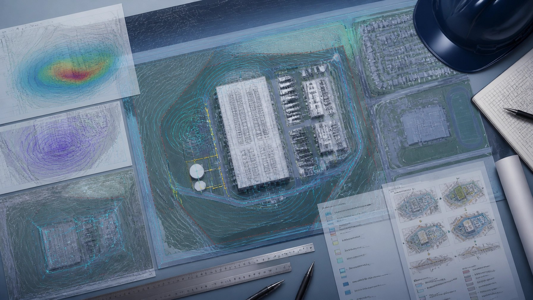 Technical site plan showing data center buildings, generator pads, fuel cells, utility routes, receptors, and compliance overlays