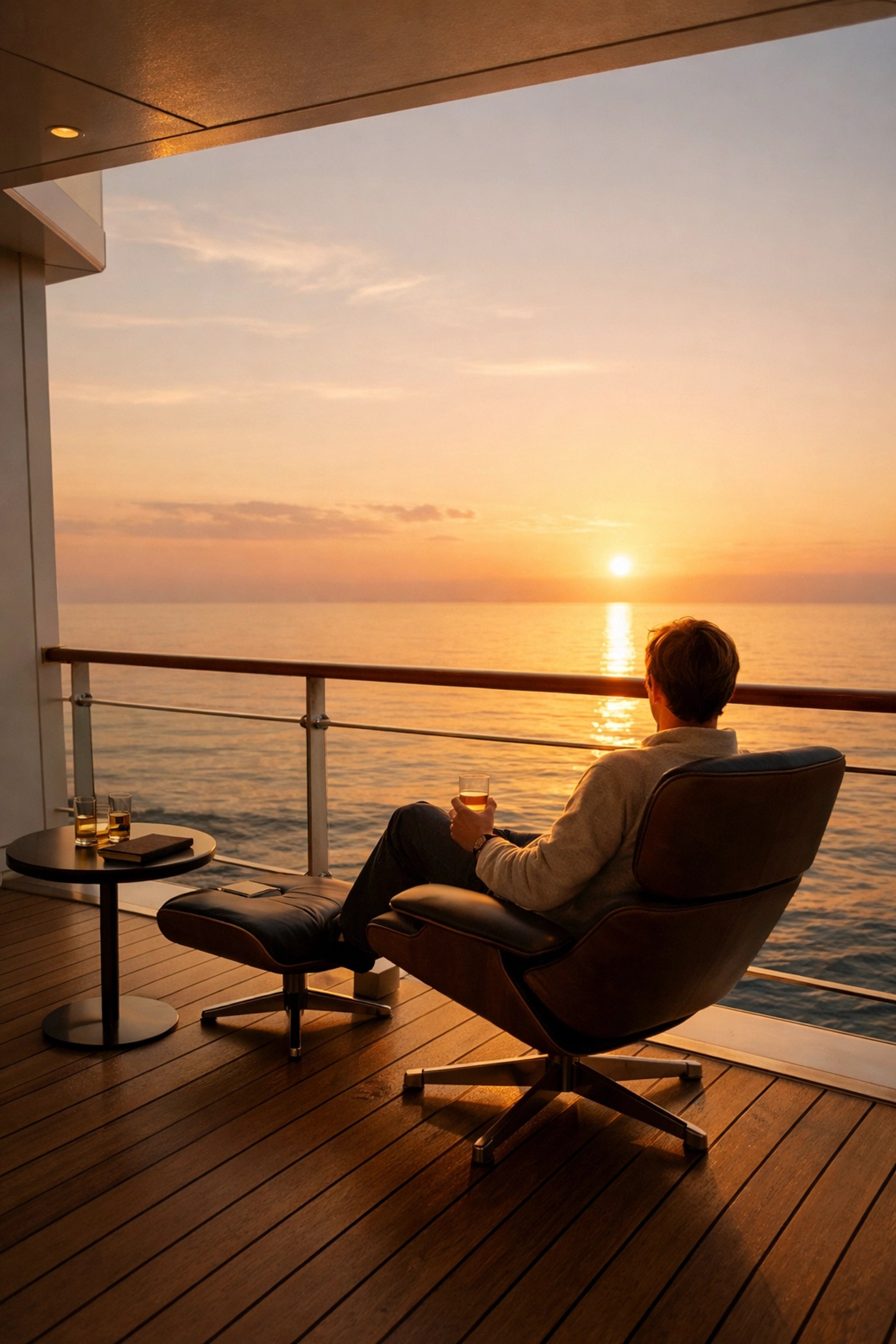 A private luxury cruise balcony suite perfect for a solo luxury escape with a view of the sea