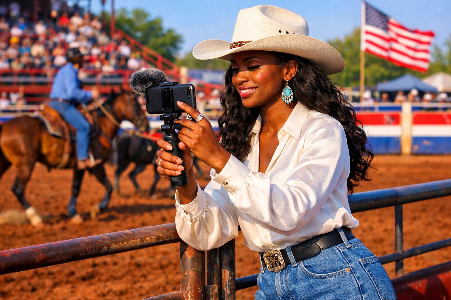 Black woman content creator filming at the rodeo on her phone, dressed in classy Western wear with baggy jeans and a chic blouse, vibrant colors.