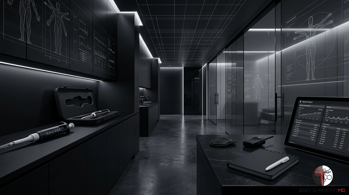 Clinical luxury wellness clinic with subtle tactical first-responder accents