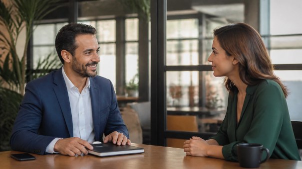 Advisor closing a notebook and speaking naturally with a client across a table