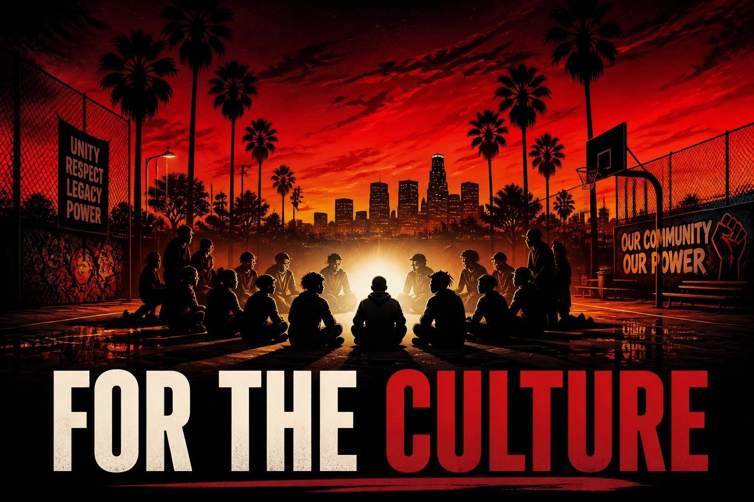 Silhouette of a community gathering in an urban park symbolizing unity and the future of the culture.